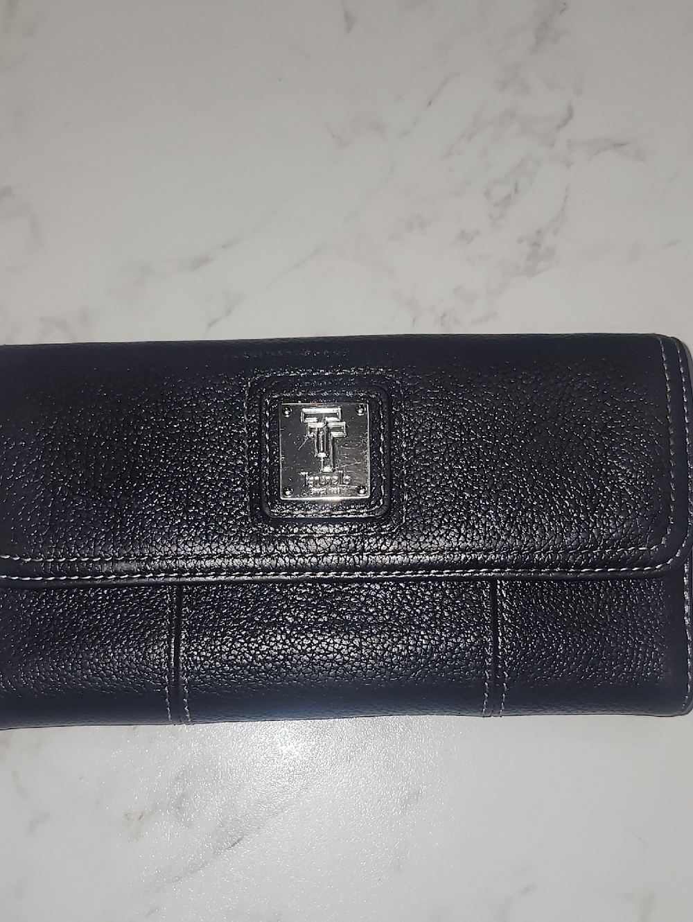 Tignanello  Black Pebbled Leather Continental Wallet with Silver Logo
